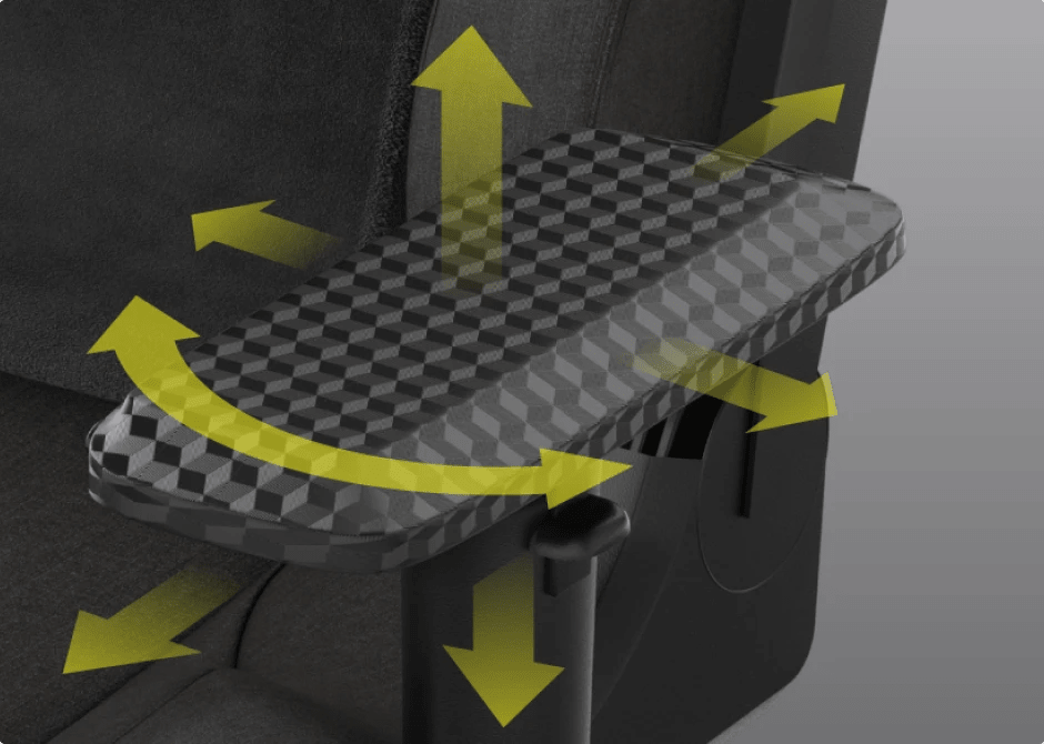 T3 RUSH gaming chair armrest with yellow arrows indicating adjustable directions.
