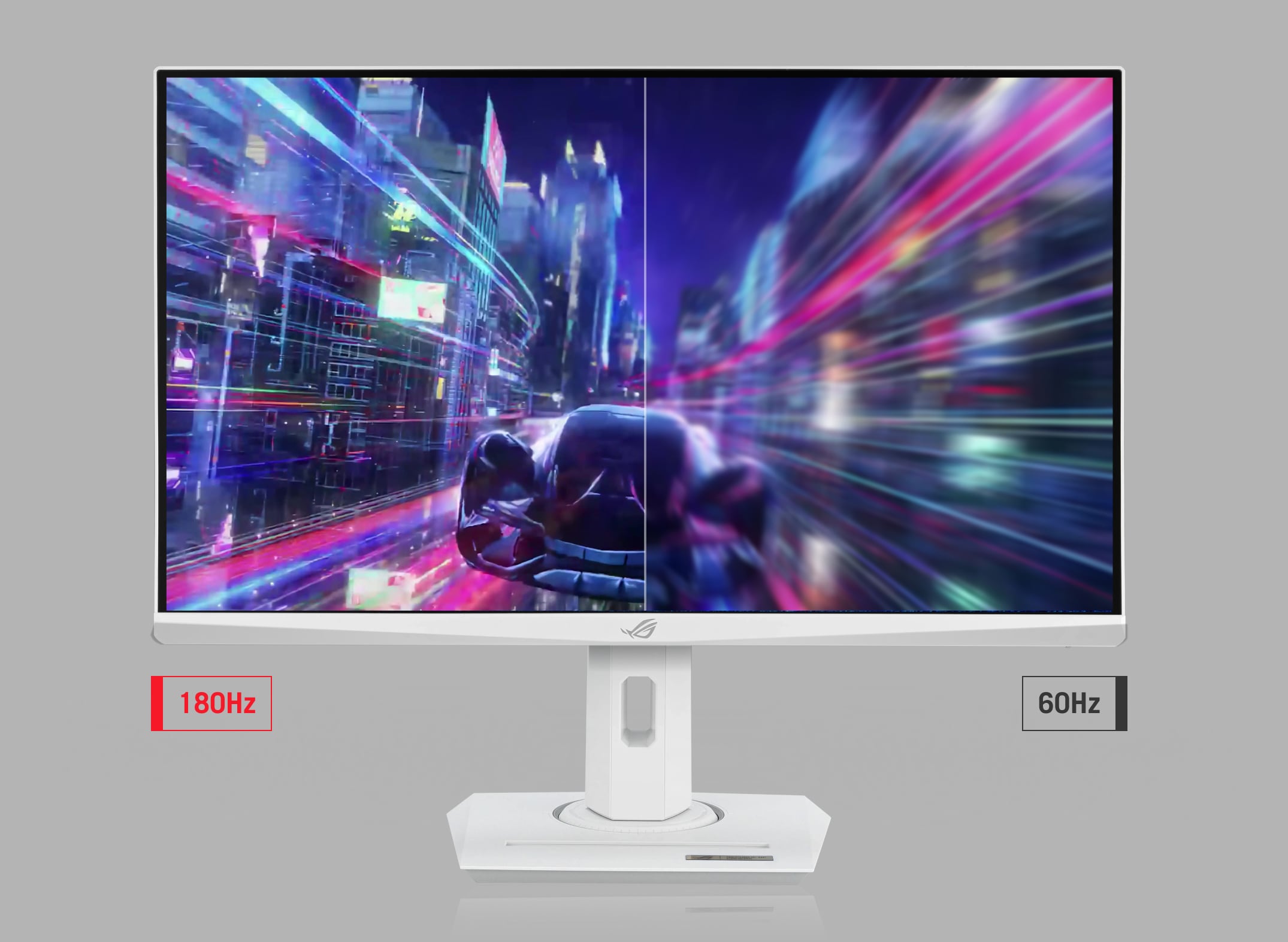 Front view of ASUS ROG Strix gaming monitor displaying the comparison image between 180hz and 60hz in-game visuals