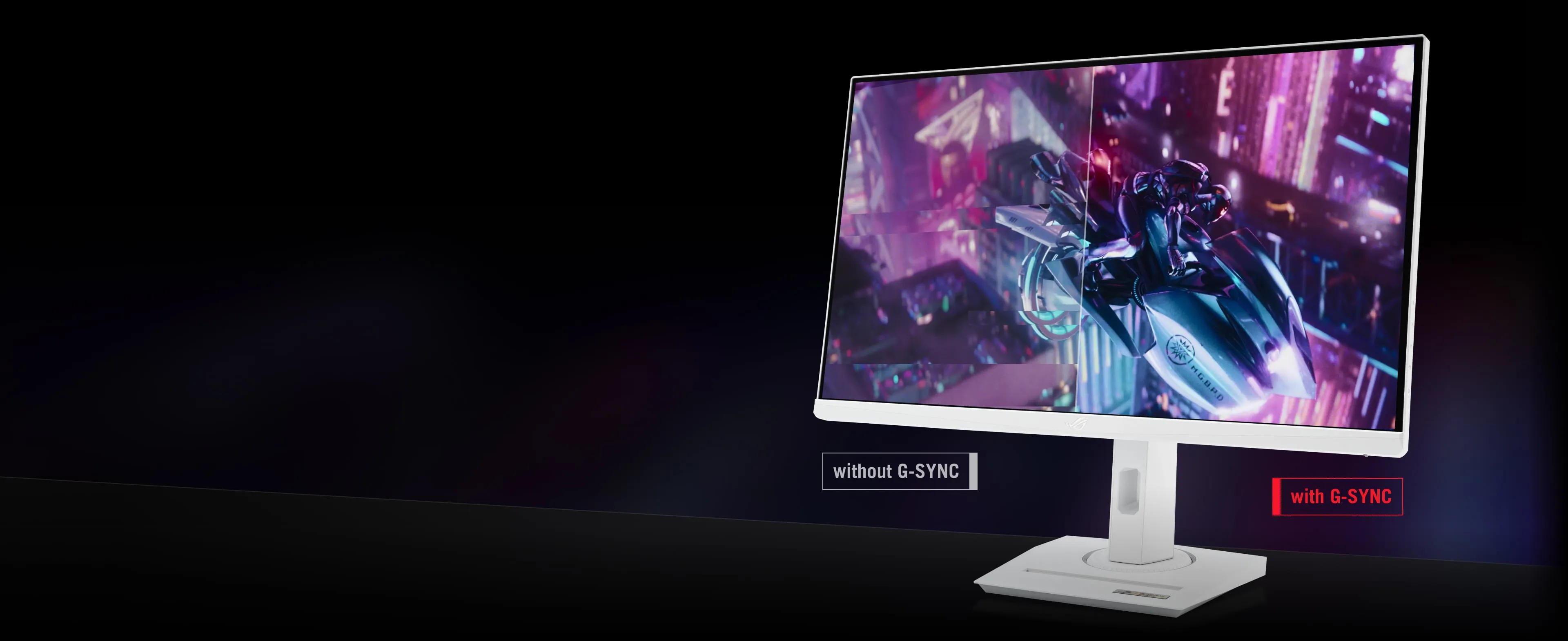 Front view of ASUS ROG Strix gaming monitor displaying in-game visual that enable g-sync or not.