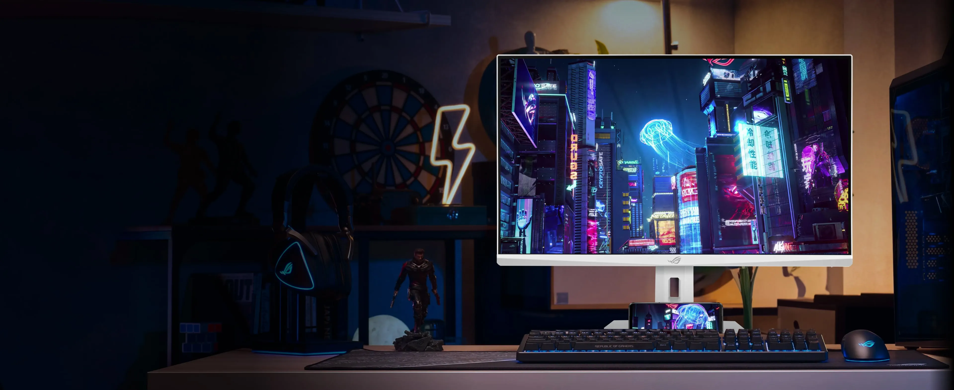 Front view of ASUS ROG Strix gaming monitor displaying high-resolution game graphic with vivid colors