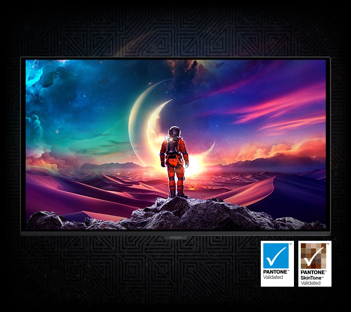 An astronaut standing on a cliff, looking at the moon. The sky is filled with vibrant colors, ranging from blue to pink and purple. Pantone Validated logo. Pantone SkinTone Validated logo.