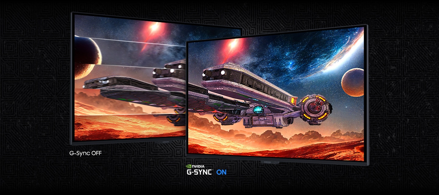 Two screens show a spacecraft in space. NVIDIA G-SYNC OFF shows a choppier image than NVIDIA G-SYNC ON.