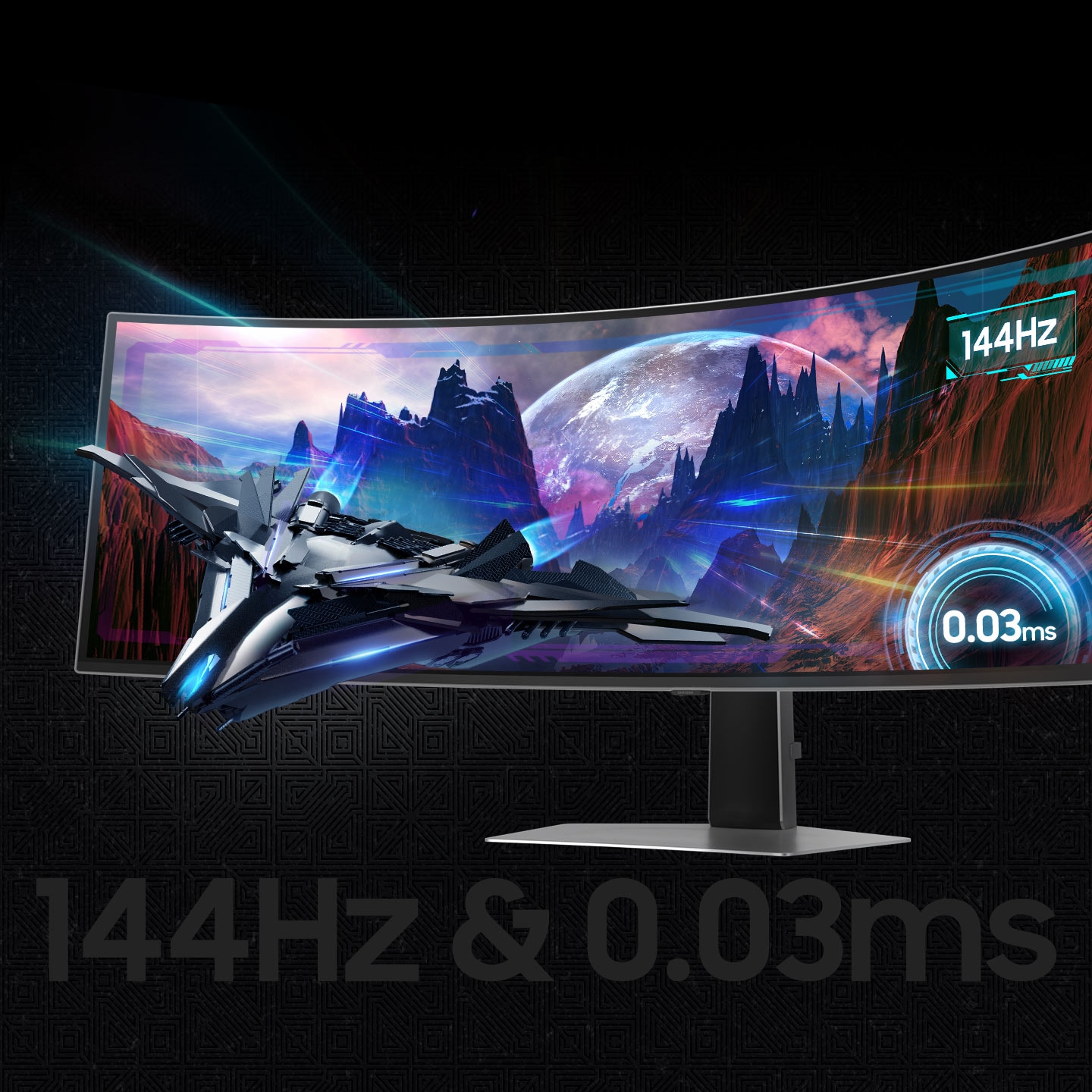 There is a spaceship with 0.03ms and 144Hz graphics on a monitor's screen.