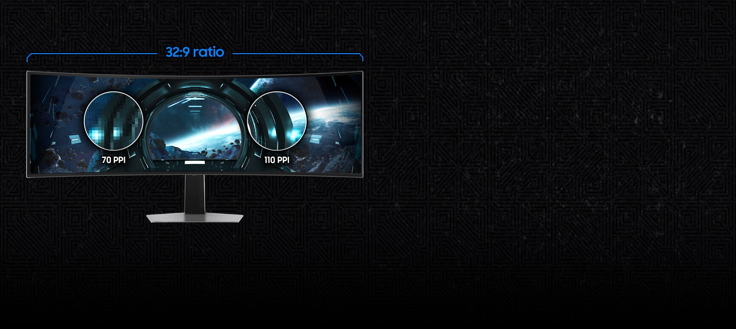 A monitor screen is divided into two sections with an universal content on its screen. The left side of the screen is pixelated, with a circle zooming into a further pixelated section labeled "70 PPI." The right side of the screen is clearly rendered, with a circle zoomed into a crisp section labeled "110 PPI."