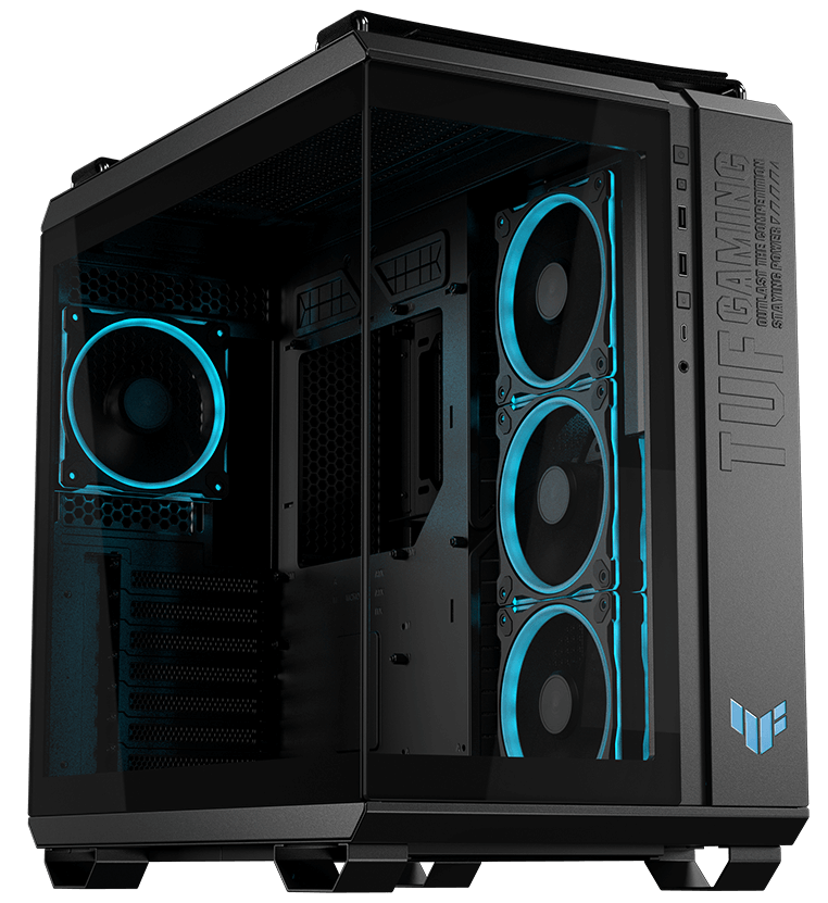 Case interior with four pre-installed ARGB fans with vibrant lighting effects.