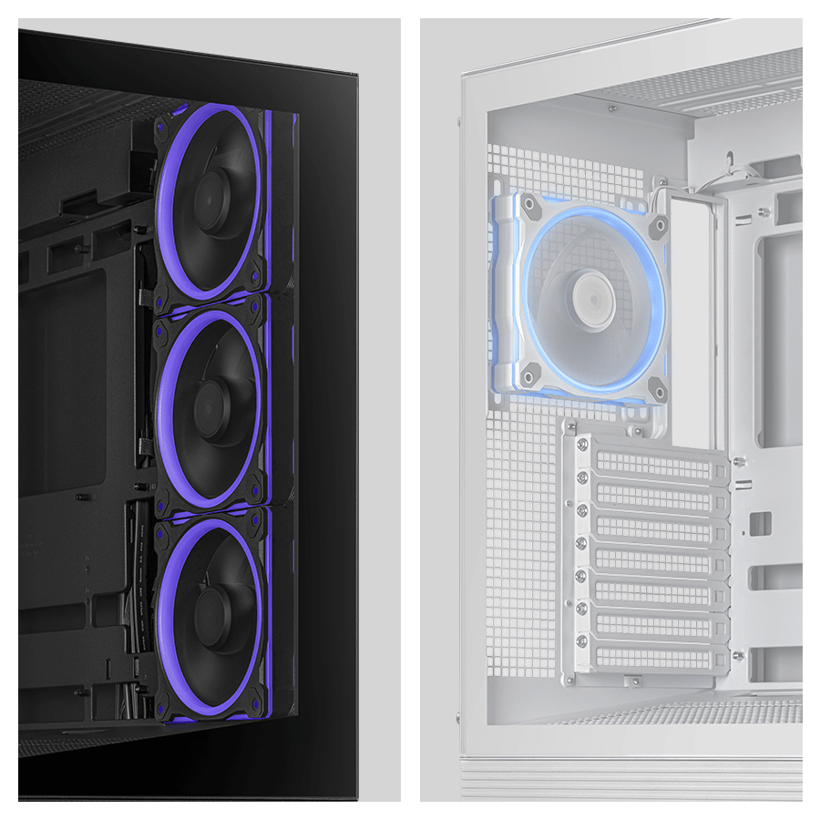 The graphic shows the location of the pre-installed fans.