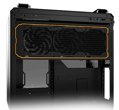 TUF Gaming GT502 Horizon ARGB with radiator installed in rear chamber