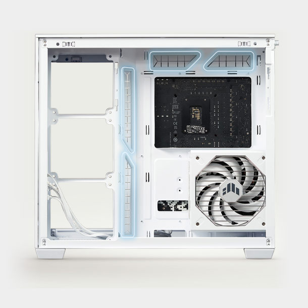 Interior of an open white A32 PLUS case with silicone grommets are highlighted by blue lights to show cable management paths