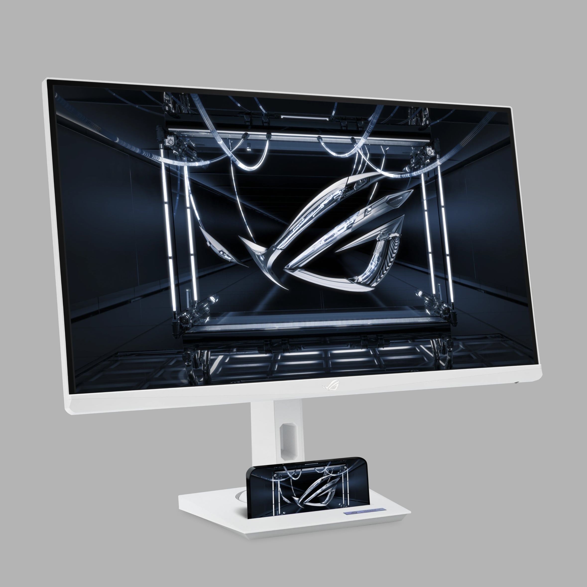 Detailed view of the ASUS ROG Strix monitor's stand featuring a built-in phone holder for added convenience