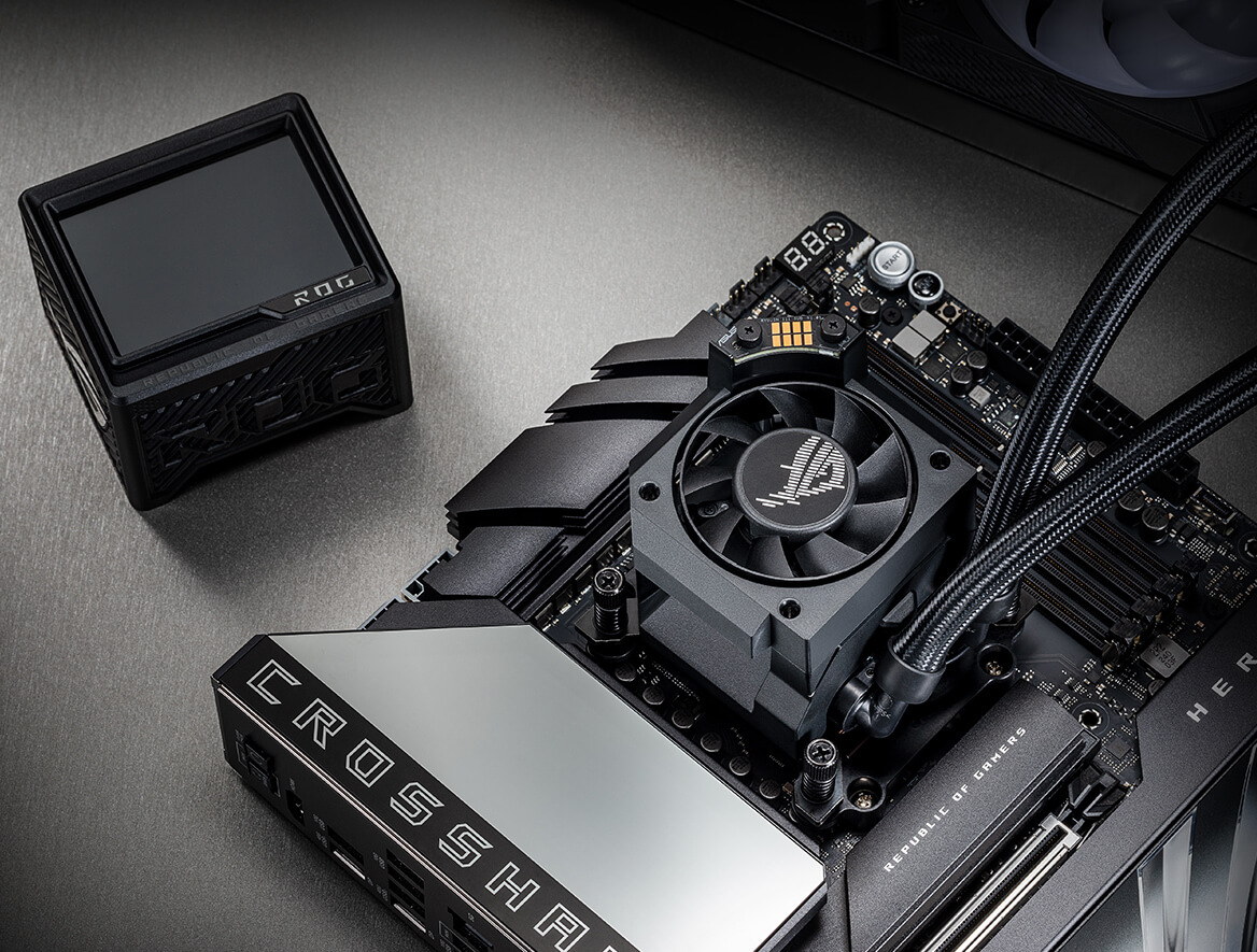 ROG Ryujin III 360 ARGB Extreme installed on the ROG Crosshair X870E Hero, with the Fan Vent opened to reveal the VRM Fan.