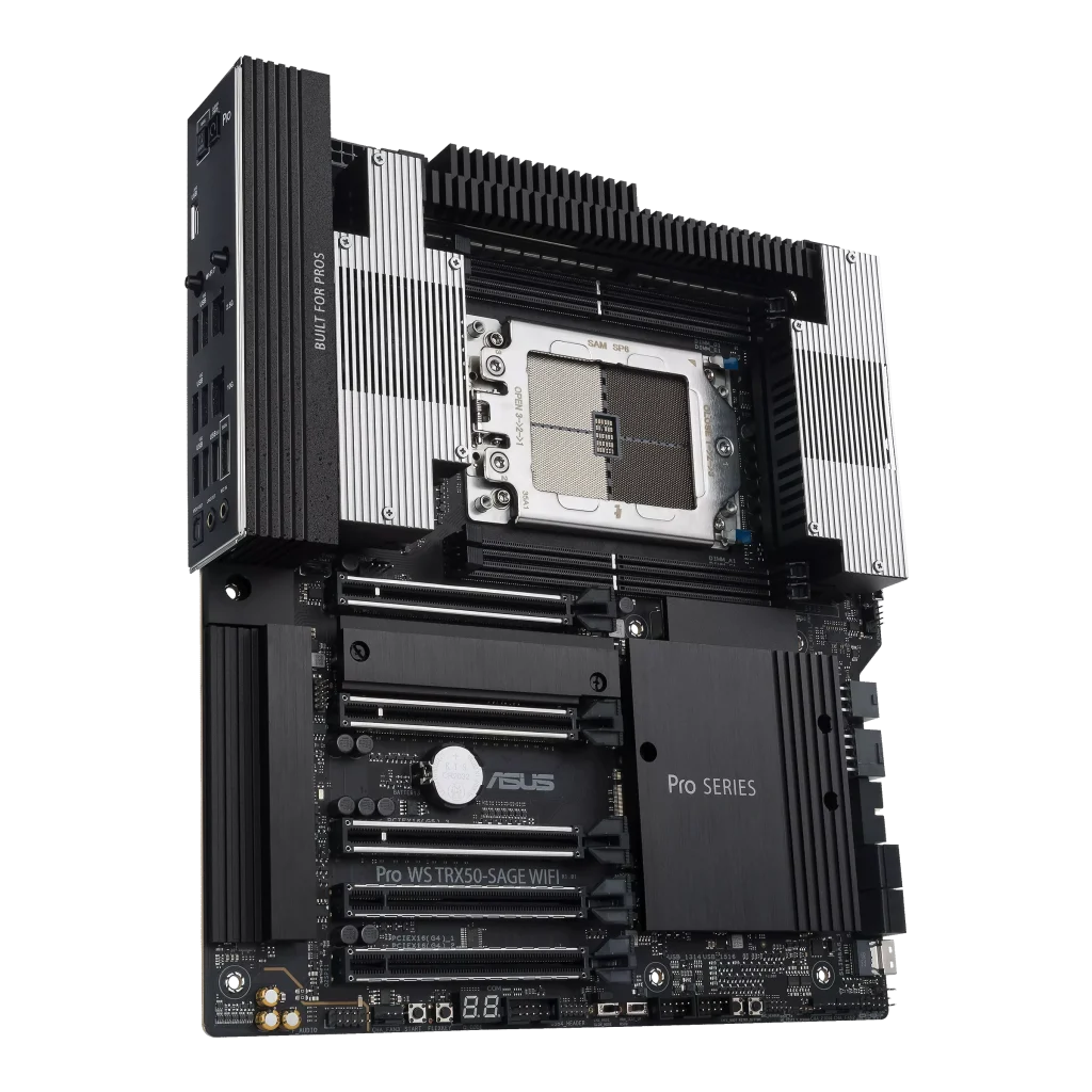 ASUS Pro WS TRX50-SAGE WIFI AMD TR5 CEB workstation motherboard, CPU and memory overclocking ready, robust 36 power-stage design, PCIe 5.0 x 16, PCIe 5.0 M.2, 10 Gb and 2.5 Gb LAN, multi-GPU support