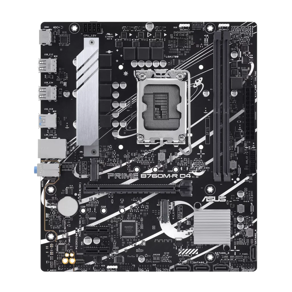 ASUS PRIME B760M-R D4 Intel® B760 LGA 1700 Micro-ATX Motherboard with PCIe 4.0, two PCIe 4.0 M.2 slots, DDR4, Realtek 2.5Gb Ethernet, HDMI™, SATA 6 Gbps, front USB 5Gbps ports, Aura Sync