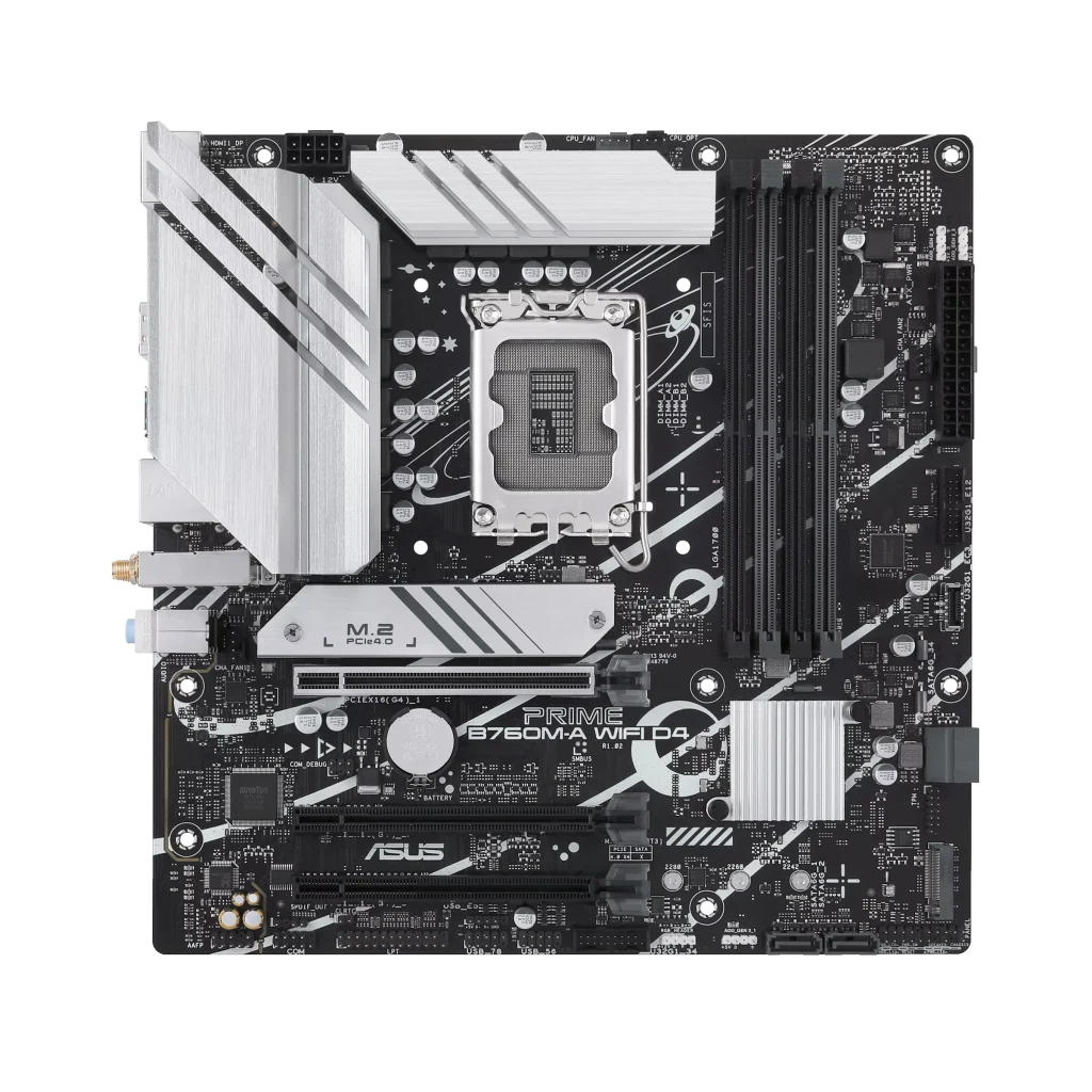 ASUS PRIME B760M-A WIFI D4 Intel® B760 (LGA 1700) mATX motherboard, PCIe 4.0, two M.2 slots, Realtek 2.5Gb Ethernet, Wi-Fi 6, DisplayPort, Dual HDMI®, SATA 6 Gbps, rear USB 3.2 Gen 2, front USB 3.2 Gen 1 Type-C®, Aura Sync