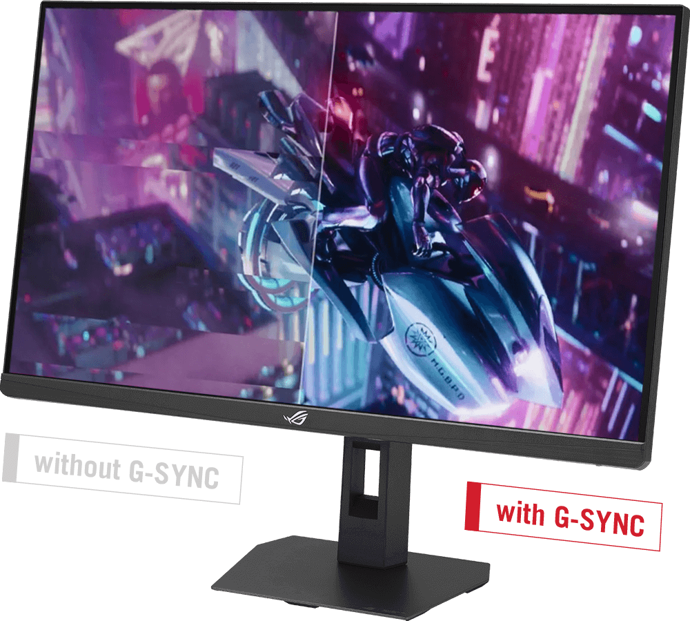 A knight rides a motorcycle mid-air. The right side shows screen tearing without G-SYNC; the left side is smooth with G-SYNC on.