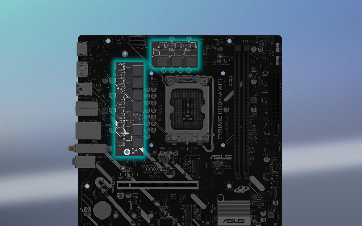 Angled top-down view of PRIME H810M-A WIFI motherboard. 
