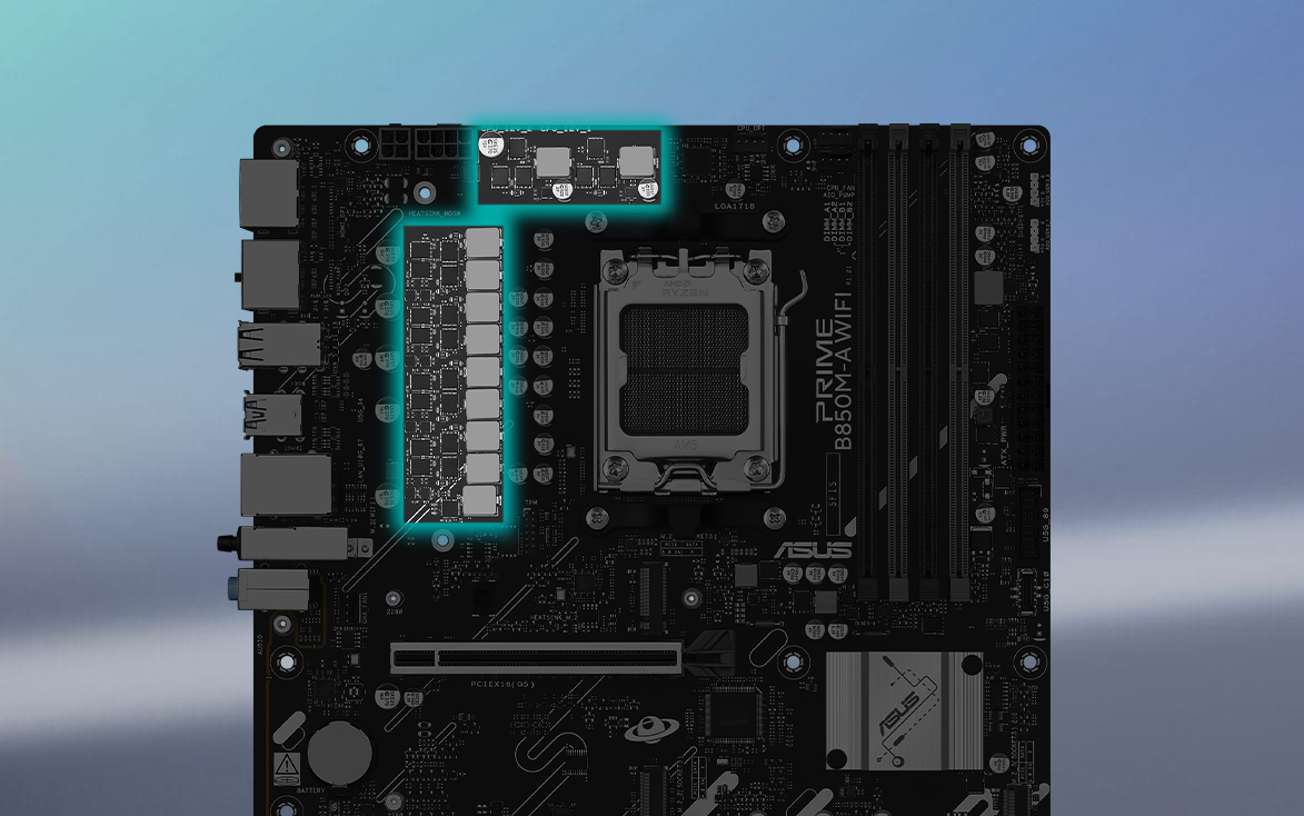 Angled top-down view of PRIME B850M-A WIFI motherboard.