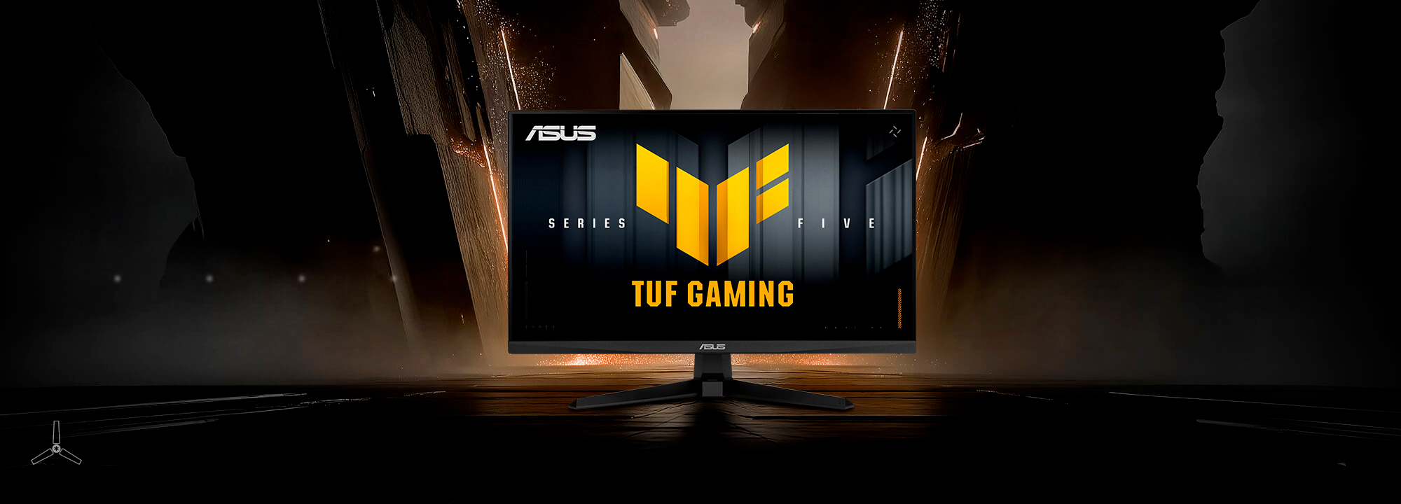 The TUF Gaming monitor VG249Q5A displaying vibrant, colorful graphics with the TUF logo at its center.
