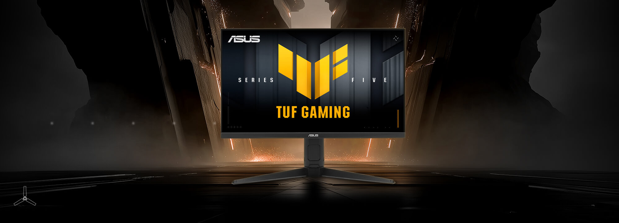 The TUF Gaming monitor VG27AQL5A displaying vibrant, colorful graphics with the TUF logo at its center.