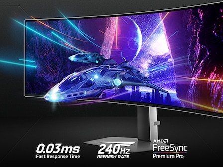 An Odyssey monitor is shown standing on a surface with a spaceship flying away from a nighttime city scene, through a cave, and off the screen. The text around the monitor communicates the specs: “0.03ms GTG fast response time, 240Hz refresh rate, and AMD FreeSync Premium Pro”.