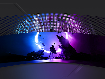 A curved panel is shown with multi-colored light beams trailing behind, showing a man in between large rocks, looking at an eclipsing moon.