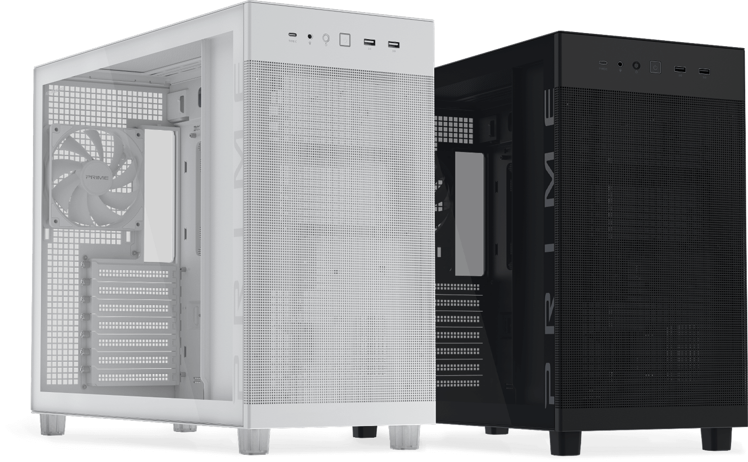 ASUS Prime AP303 black and white versions, showing tempered glass panel models side by side