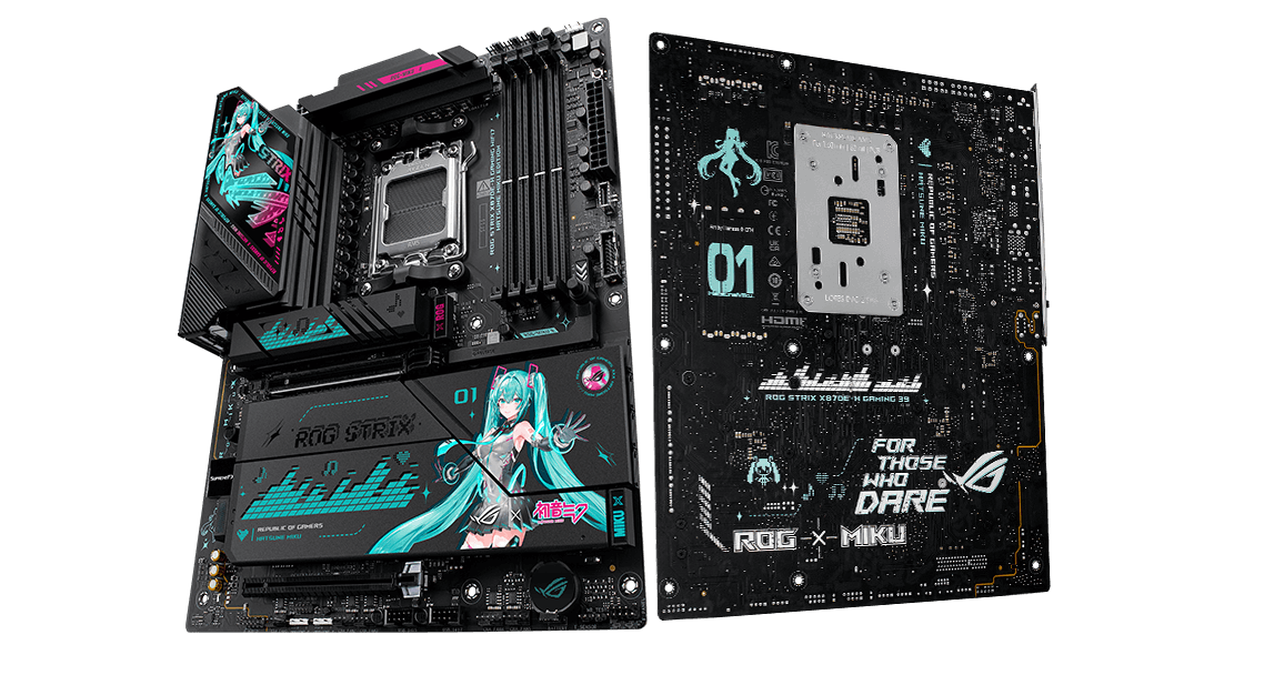 Front and back angle view of ROG Strix X870E-H Gaming WiFi7 Hatsune Miku Edition with Hatsune Miku Lighting design.