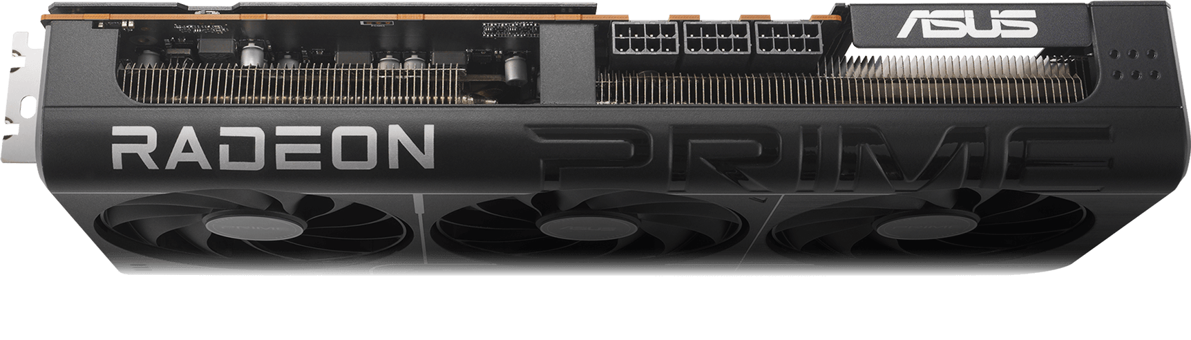 Angled top down view of the Prime Radeon RX 9070 XT graphics card hero angle