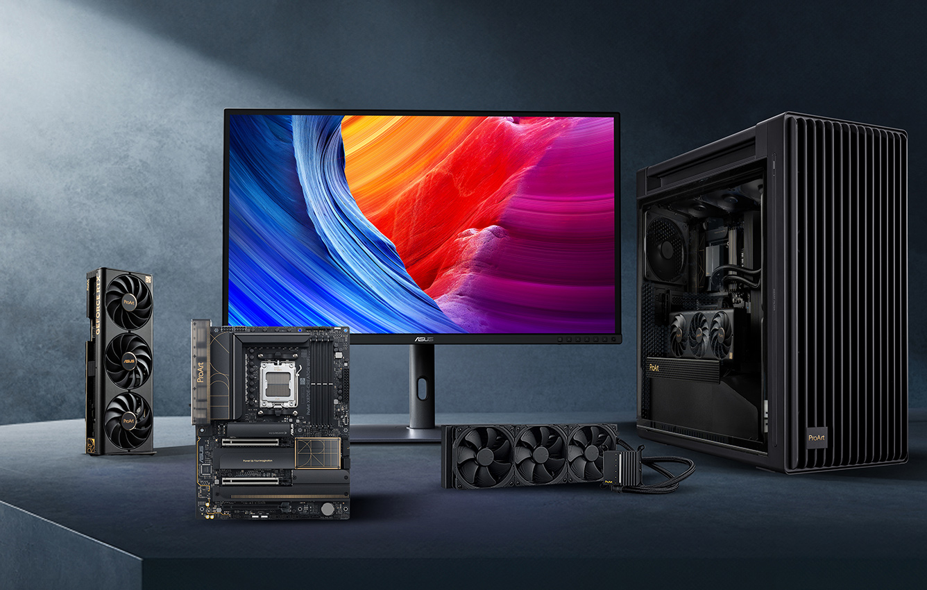 roArt motherboard, graphics card, AIO cooler, PC case and monitor on a platform