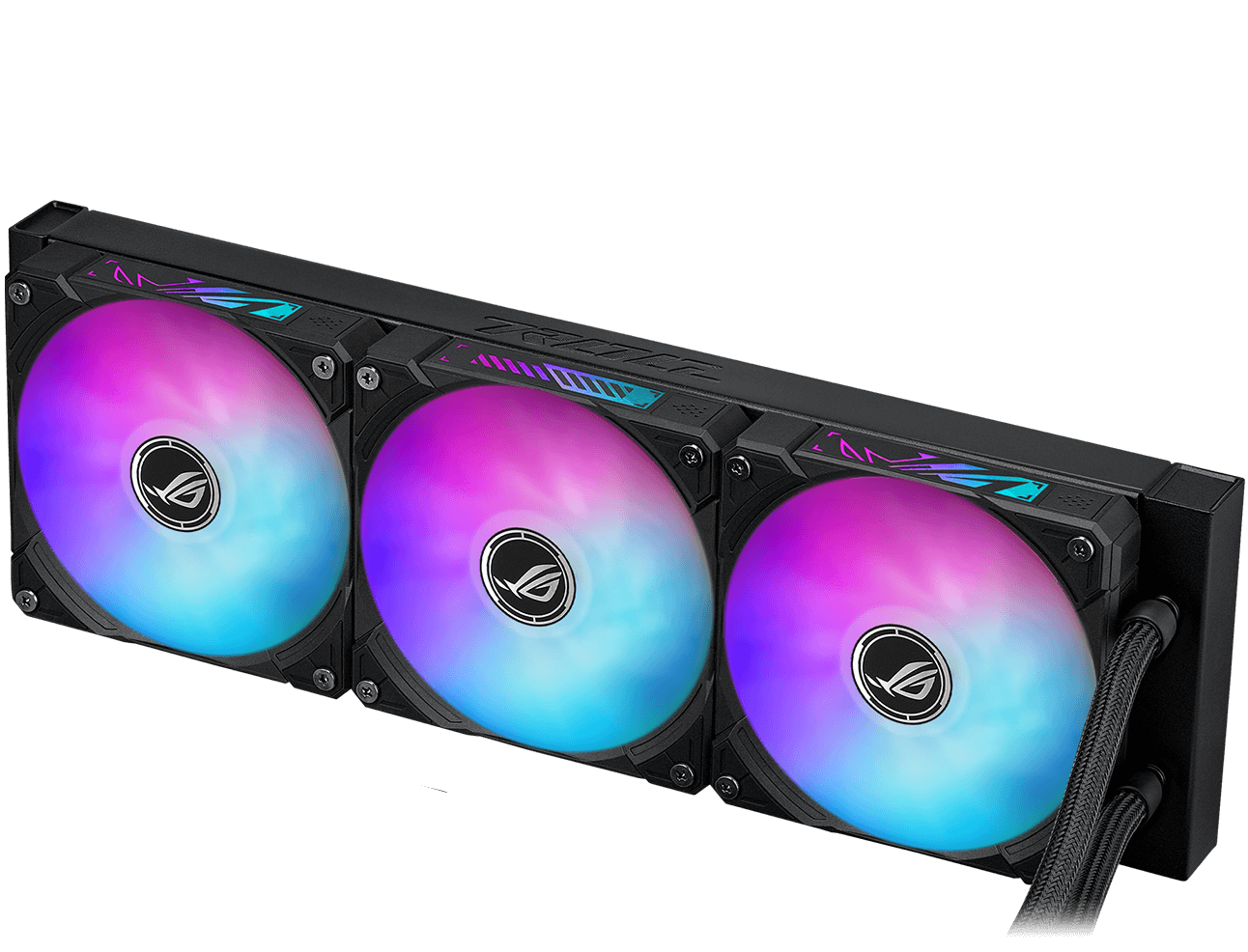 Three ARGB fans mounted on a liquid cooling radiator, showcasing customizable colorful lighting and a premium metallic texture.