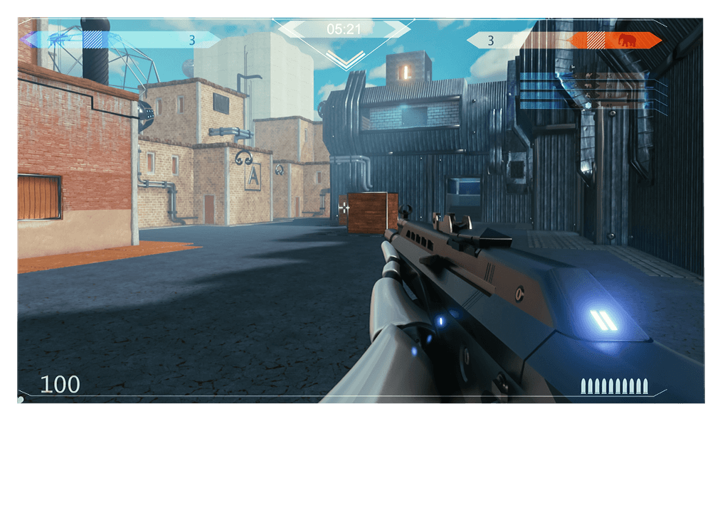A scene from a shooting game, with a gun in the lower right corner aiming at a target in front.