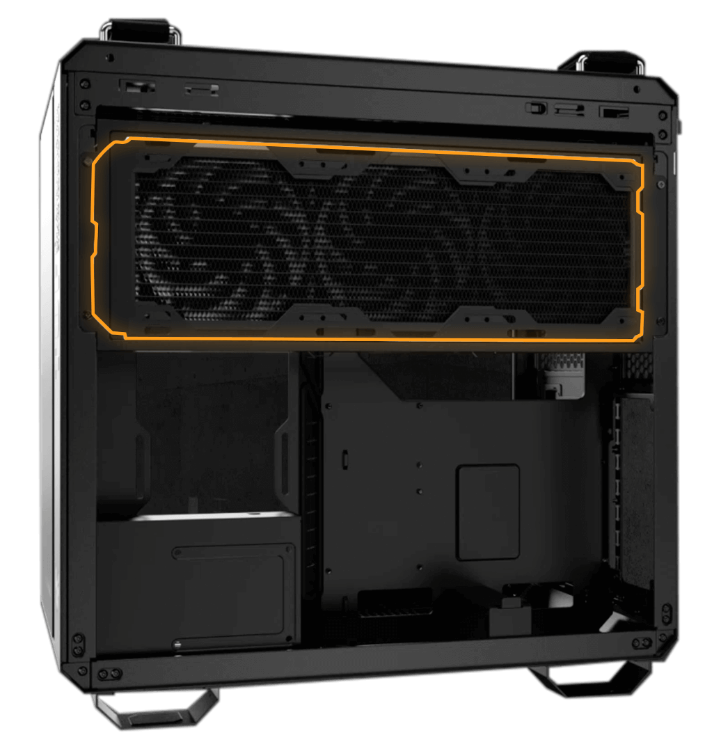 TUF Gaming GT502 Horizon ARGB with radiator installed in rear chamber