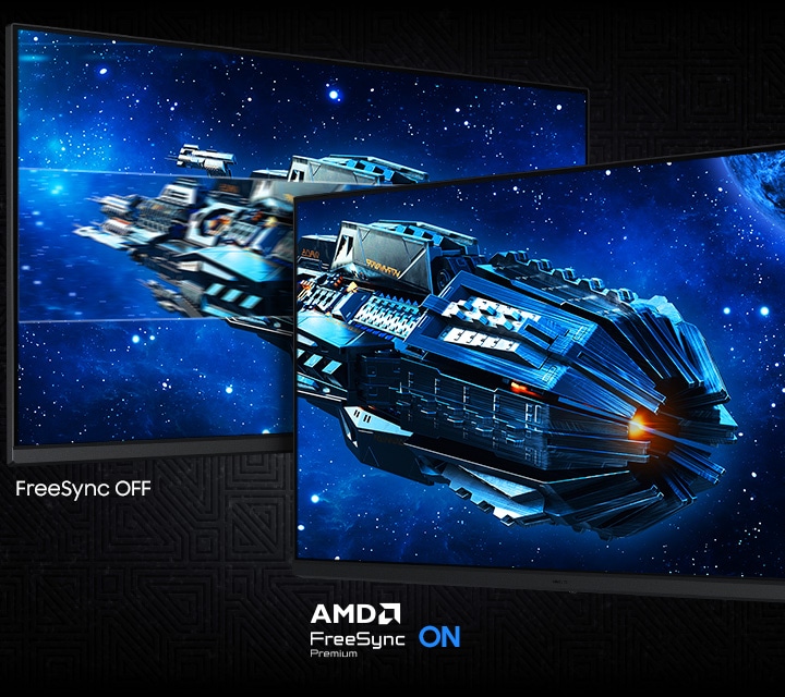 Two screens show a spaceship in space. FreeSync OFF shows a choppier image than AMD FreeSync Premium ON. AMD FreeSync Premium logo.