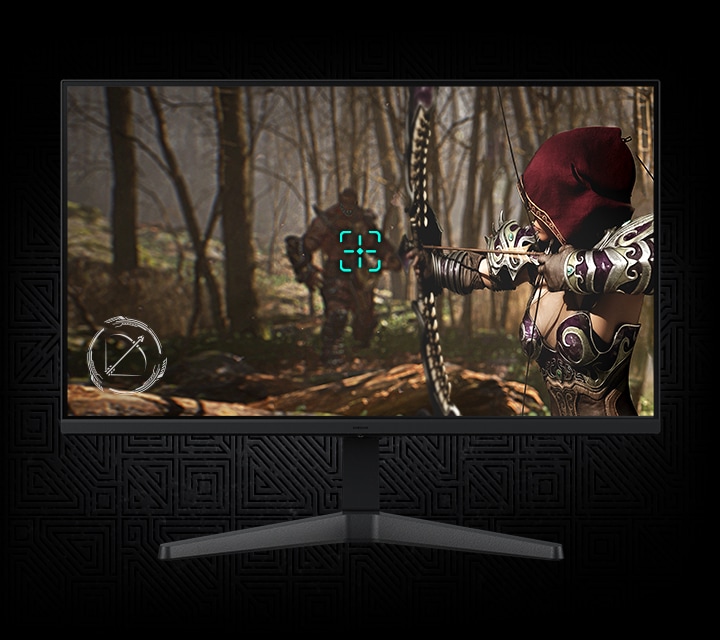 A monitor screen shows an archer aiming at an enemy.