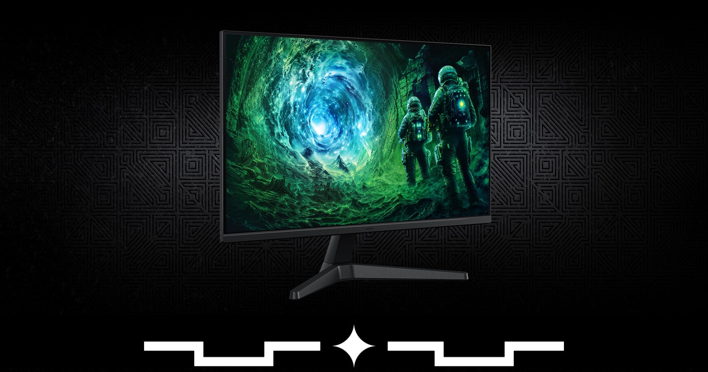 A monitor screen shows two characters wearing a suit heading towards a neon blue portal.