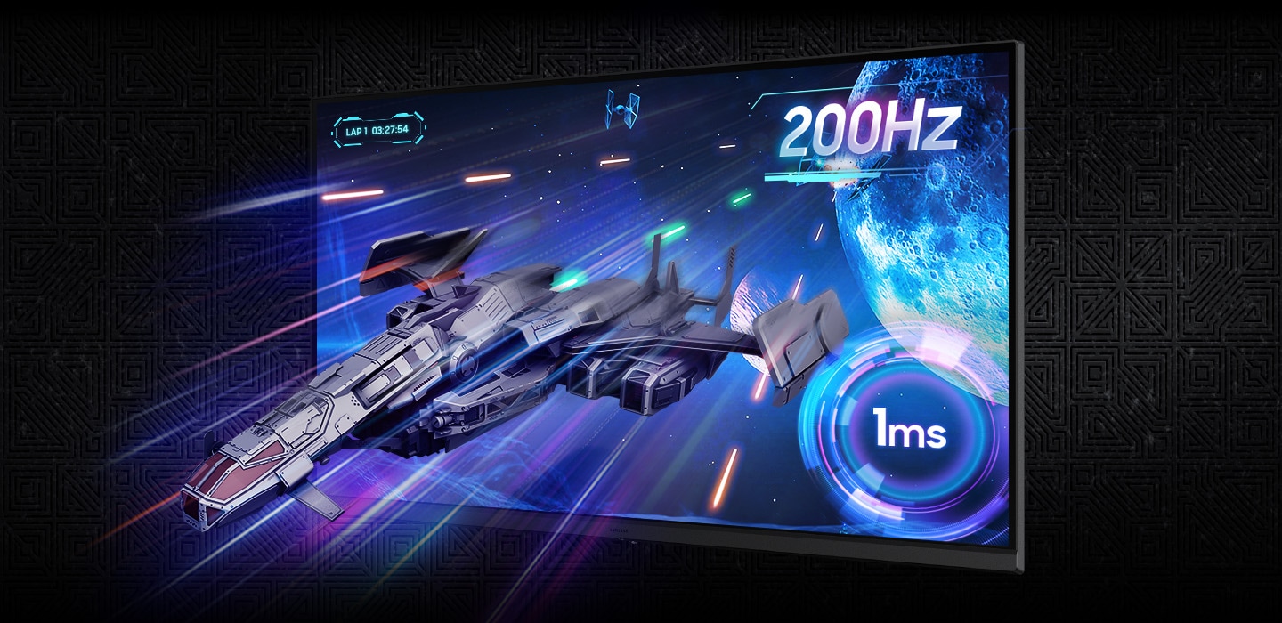 A spaceship is zooming out of the monitor screen. 200Hz refresh rate and 1ms response time.
