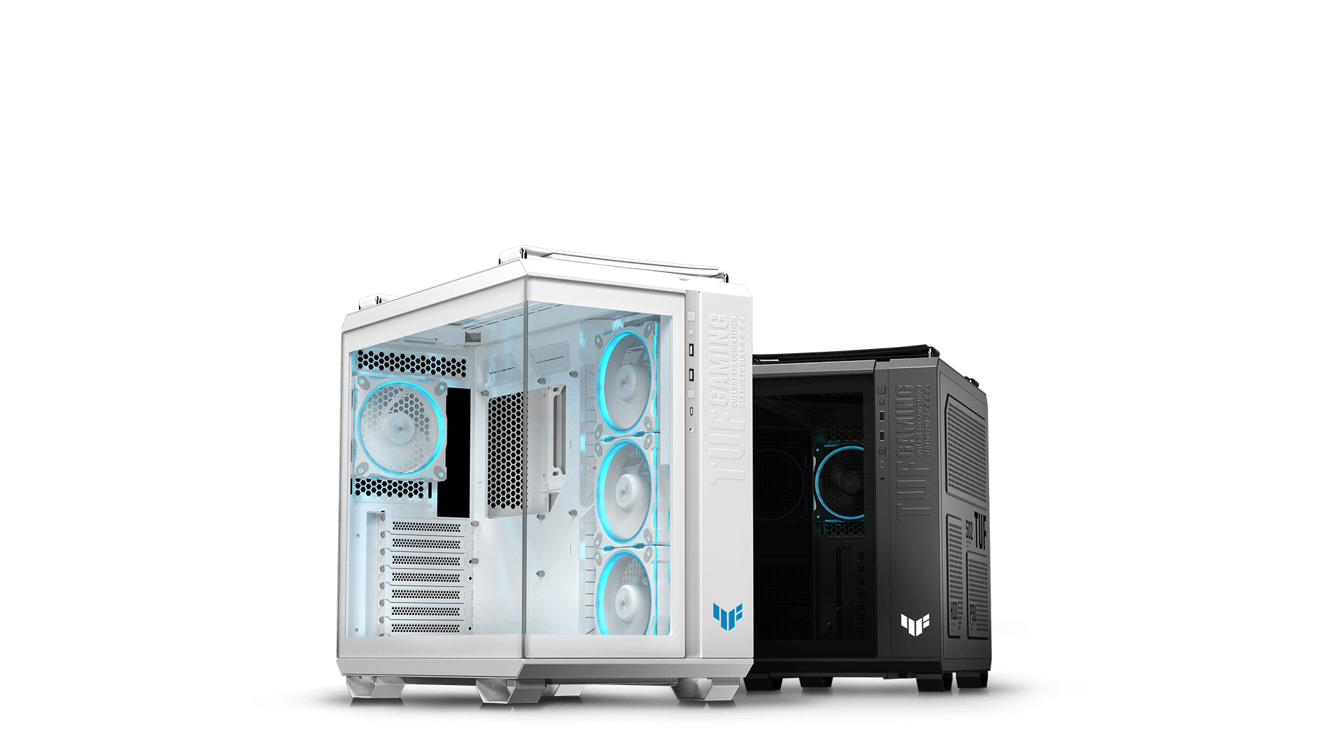 A black and a white TUF Gaming GT502 Horizon ARGB PC case side-by-side