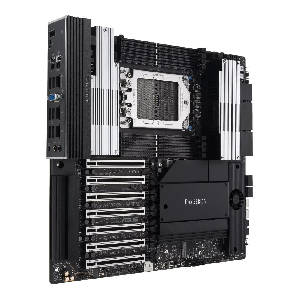 ASUS Pro WS WRX90E-SAGE SE AMD sTR5 EEB workstation motherboard, 7 PCIe 5.0 x16 slots, multi-GPU support, robust 32+3+3+3 power-stage design, CPU and memory overclocking ready, 4 PCIe 5.0 M.2 slots, dual 10 Gb LAN, PCIe Q-Release Slim