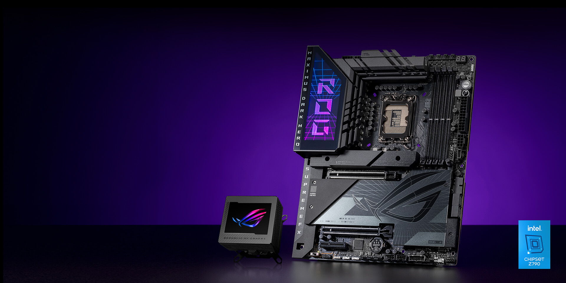 ROG Ryujin III WB and ROG Maximus Z790 Dark Hero standing on the desk showcasing ROG's unique design.