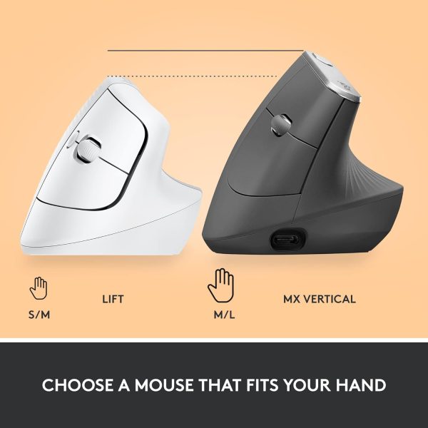 Logitech Lift Vertical Ergonomic Mouse, Wireless, Bluetooth or Logi Bolt USB receiver, Quiet clicks, 4 buttons, compatible with Windows/macOS/iPadOS, Laptop, PC - Off White, 910-006475 - Image 8