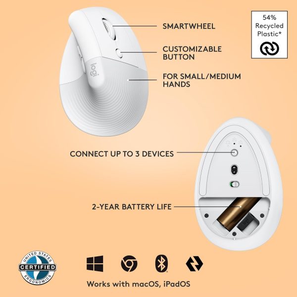 Logitech Lift Vertical Ergonomic Mouse, Wireless, Bluetooth or Logi Bolt USB receiver, Quiet clicks, 4 buttons, compatible with Windows/macOS/iPadOS, Laptop, PC - Off White, 910-006475 - Image 7