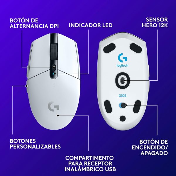 Logitech G305 Lightspeed Wireless Gaming Mouse, HERO Sensor, 12,000 DPI, Lightweight, 6 Programmable Buttons, 250h Battery Life, On-Board Memory, Compatible with PC/Mac - White, 910-005292 - Image 4