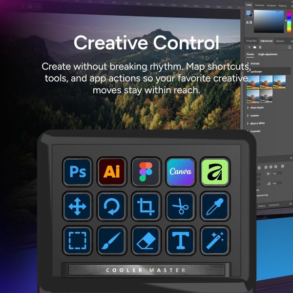 Cooler Master Master Hub Creator Kit, Stream Kit include 1x(Base, 4x6) 1x(15xKey) 1x(2xRoller) 1x(5xFader), Black, MHSK13AA00 - Image 7