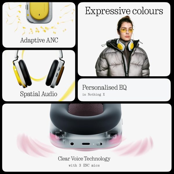 Nothing Headphone (a) 2026 New, Adaptive Active Noise Cancelling Headphones, Wireless Over Ear Bluetooth 5.4 ANC Headset with LDAC Hi-Res, 5 HD Mics Ultra Bass via APP, 135 Hours Playtime, Yellow - Image 3